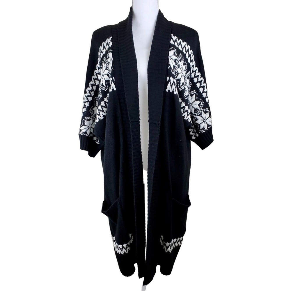 Torrid Women’s Black White Long Sweater Open Duster 3/4 Sleeve, Size 2 (XL)